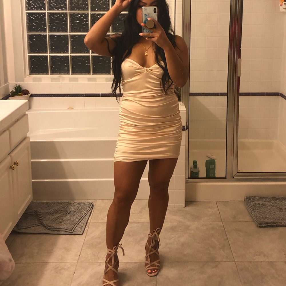 Twist & Shout Ruched Satin Mini Dress in Champagne